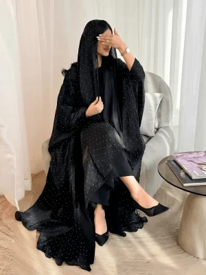 طقم عباءة عربية تركية أنيقة 3 قطع بالراين ستون